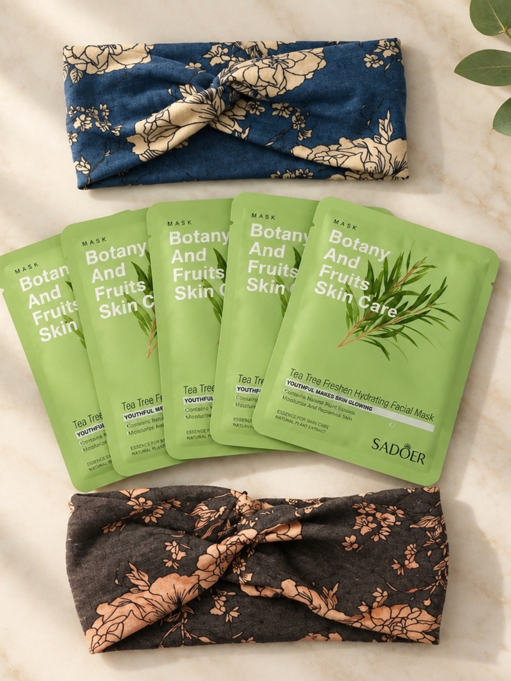 Tea Tree Hydrating Facial Mask Pack - Green with Two Headbands